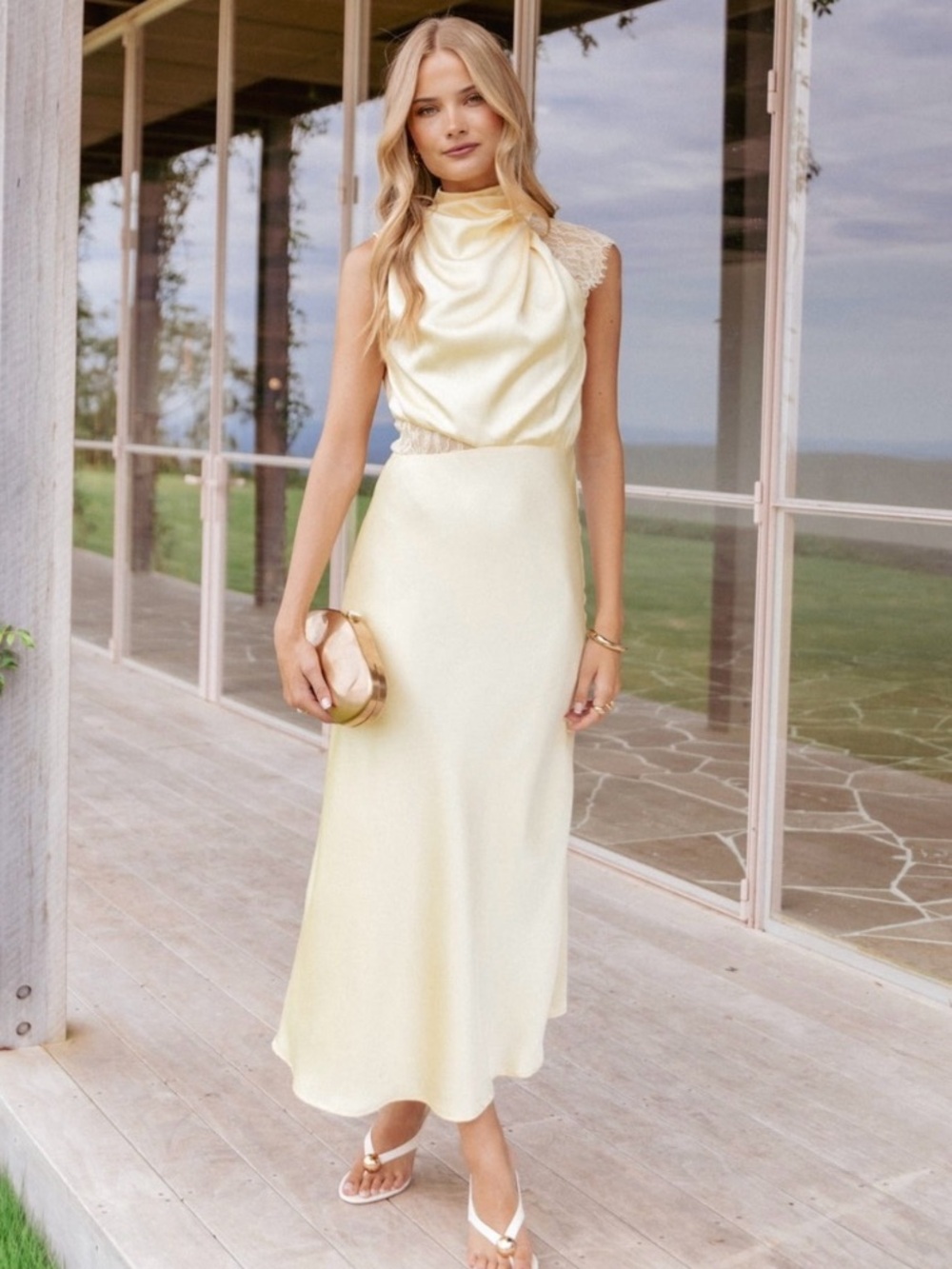 Petal & Pup Yellow Satin Asymmetric Lace Sleeve Midi Cowl Neck Dress